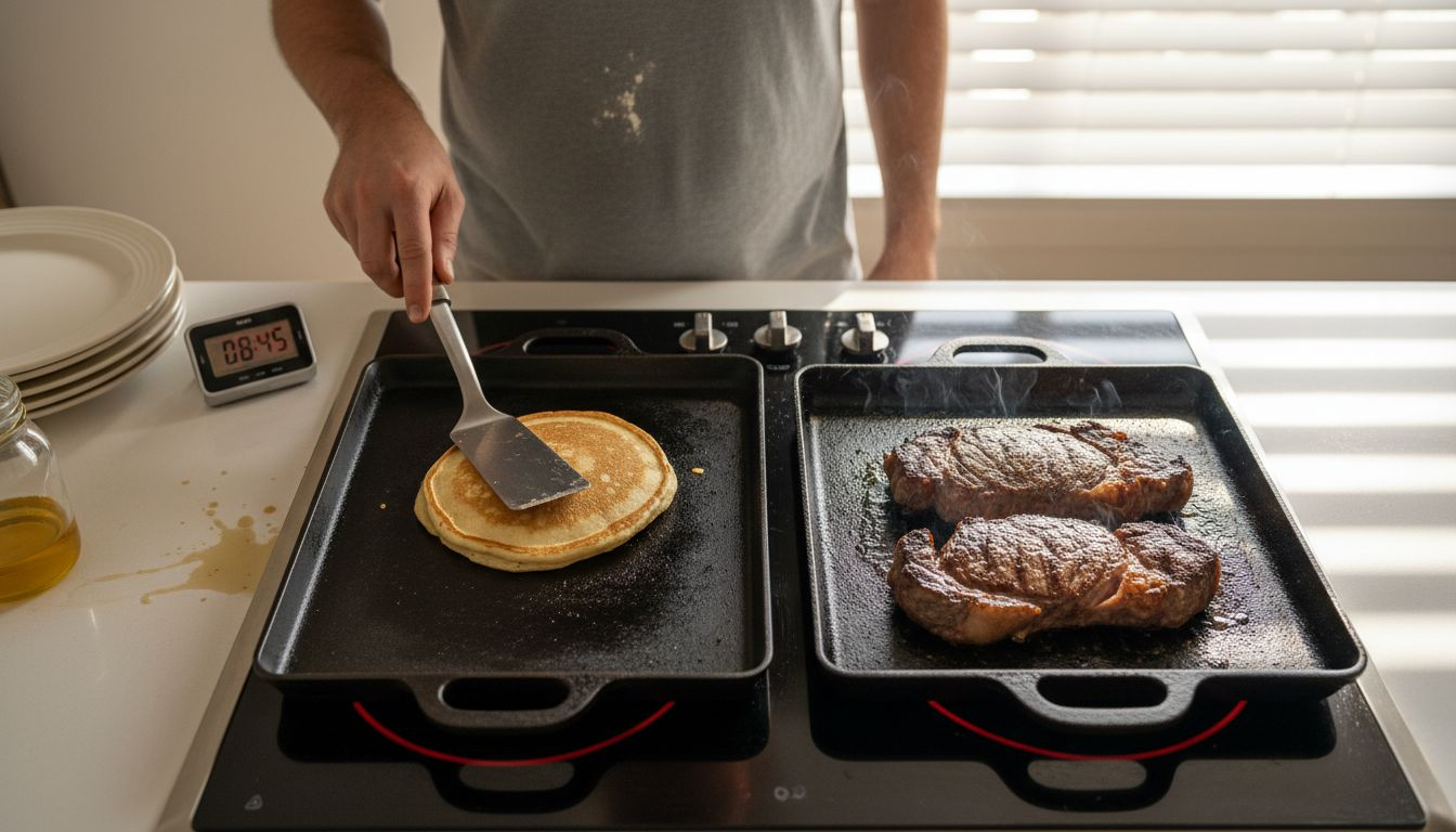Cook comparing heat performance of griddles
