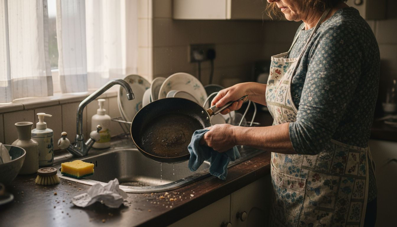 Woman drying cleaned carbon steel pan