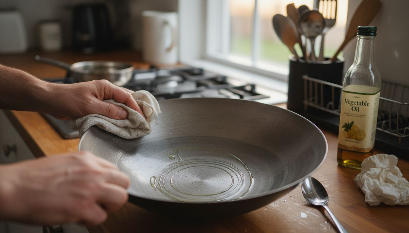 Hands buffing oil into carbon steel wok