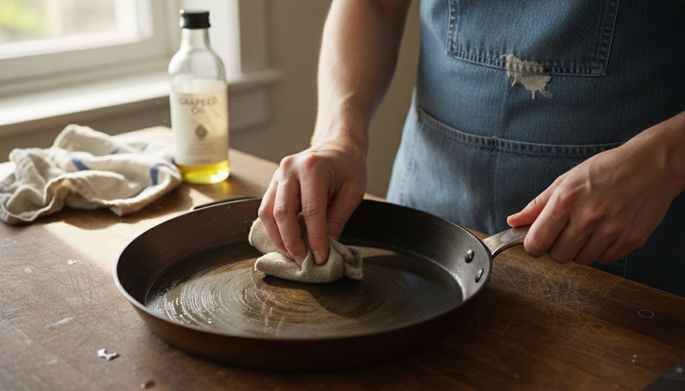 Close-up of seasoning a carbon steel pan