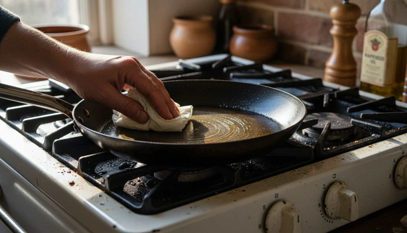 Closeup of medium-carbon steel pan after seasoning