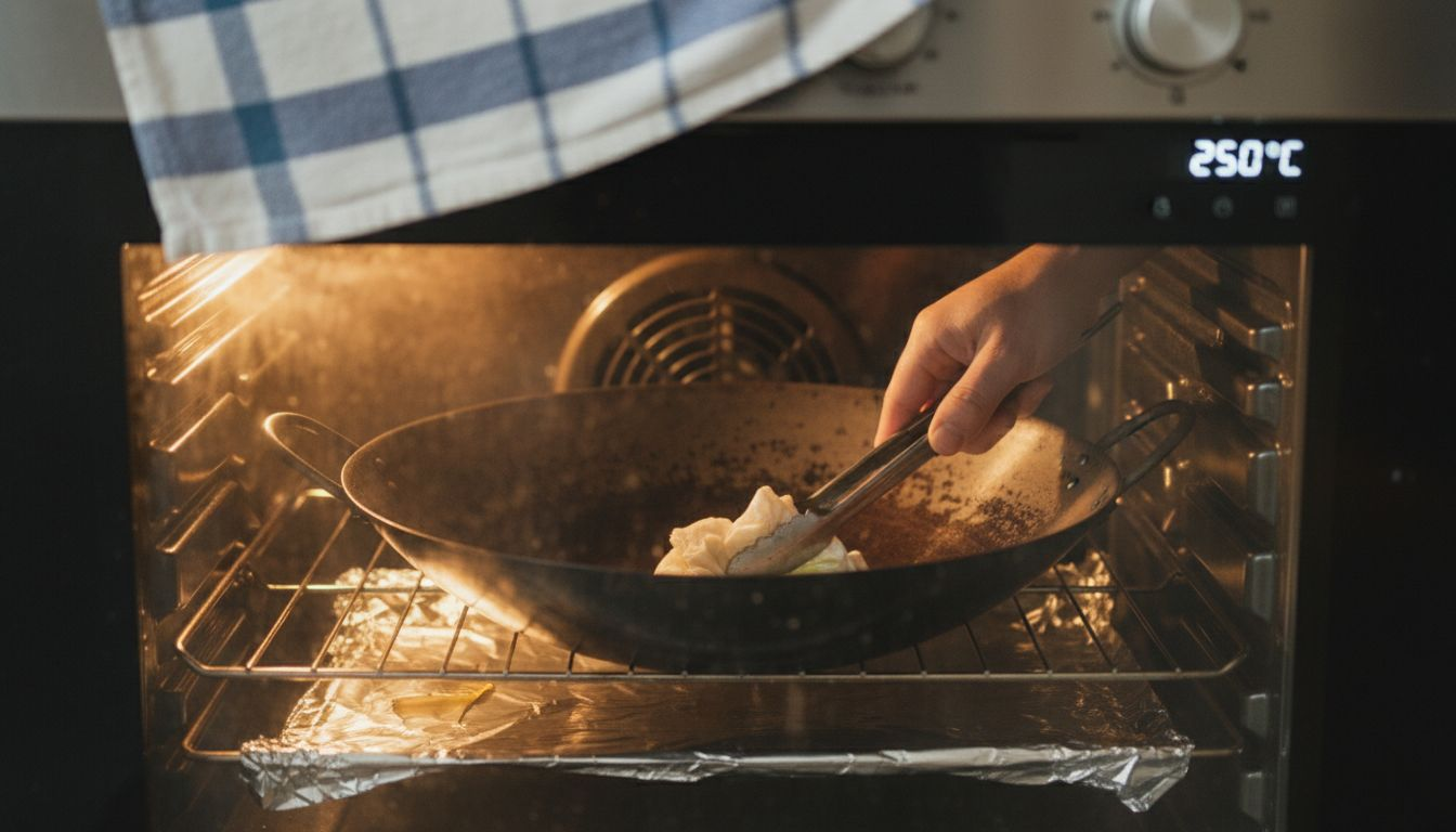 Applying oil to wok in hot oven