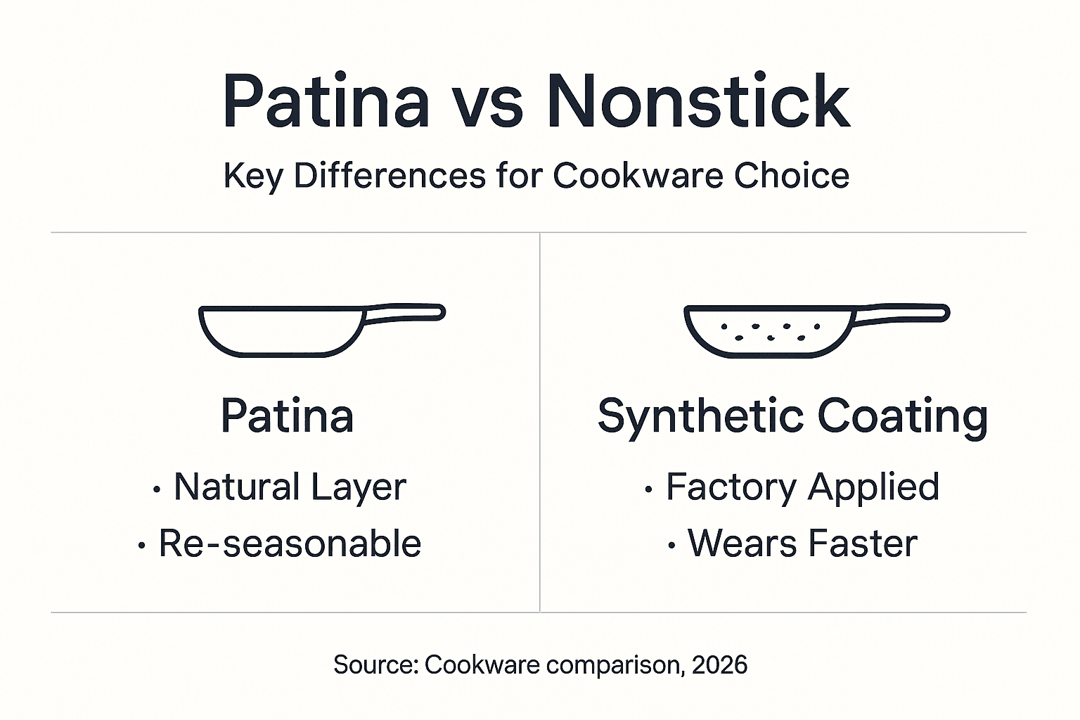 Infographic comparing patina and nonstick coating features
