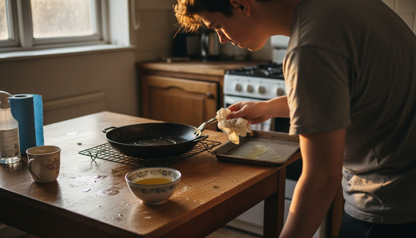 Person seasons carbon steel pan at kitchen