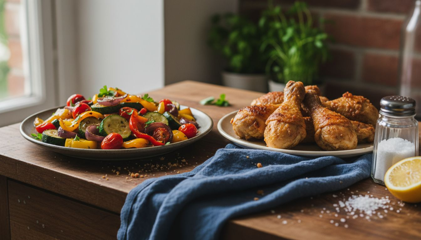 Sautéed vegetables and fried chicken comparison