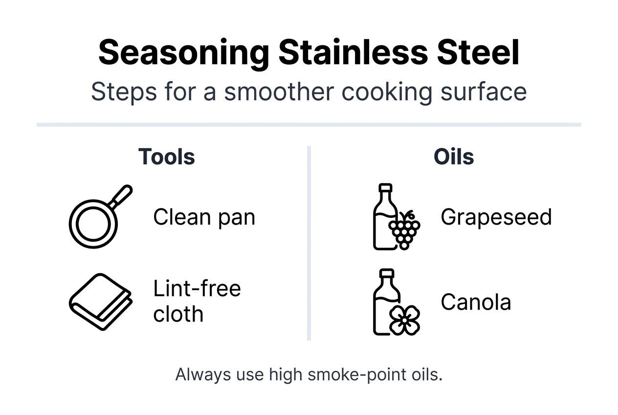 Infographic showing stainless steel seasoning steps and tools