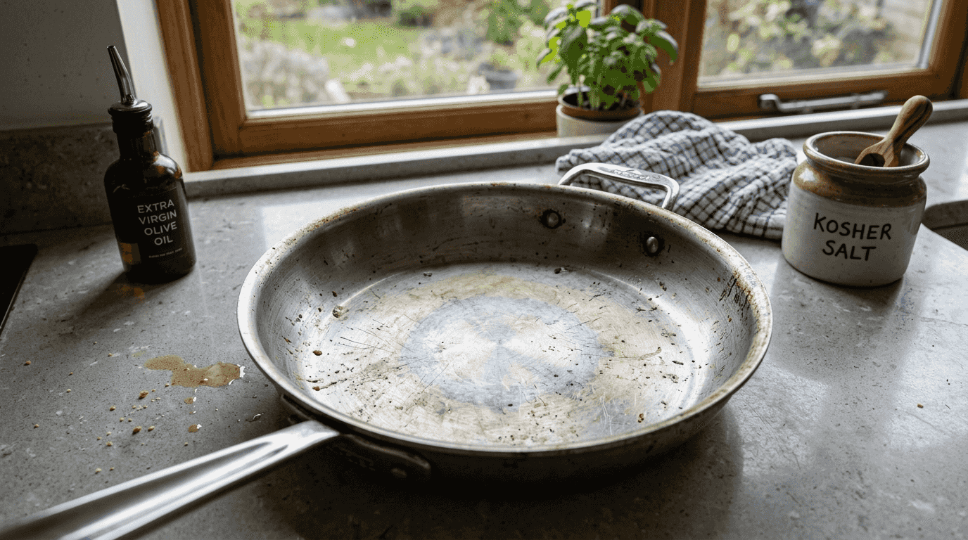 Closeup of stainless pan durable surface