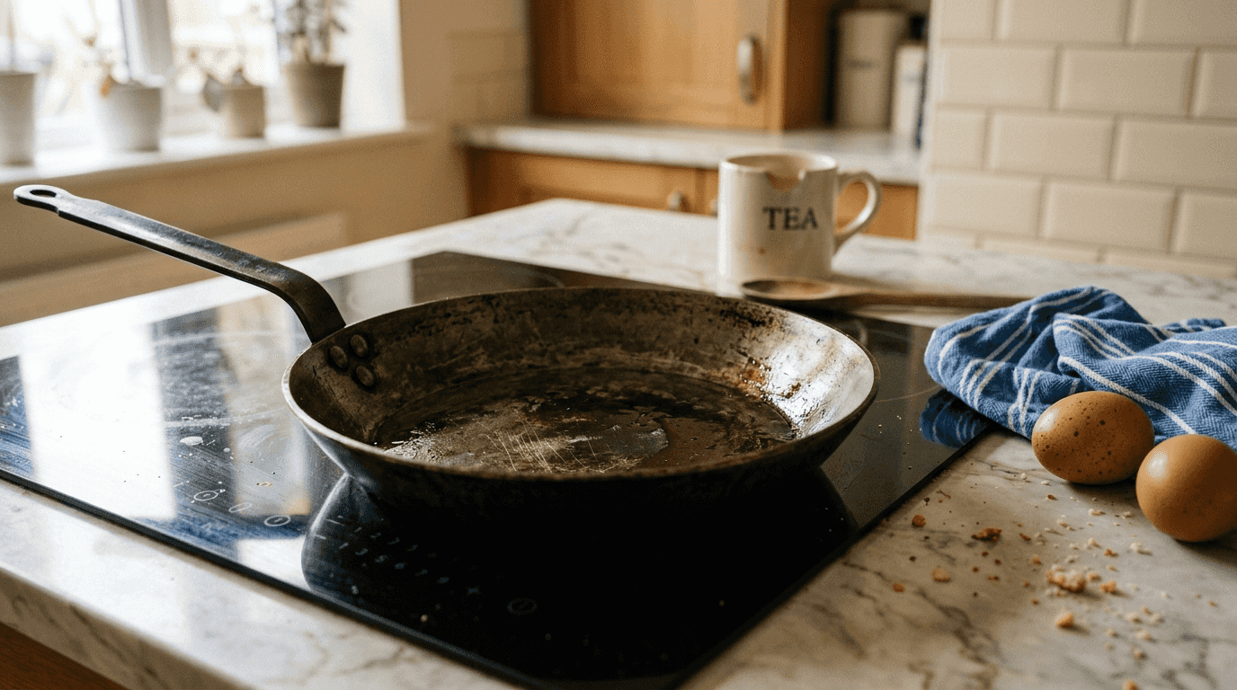 Close-up seasoned carbon steel pan on induction