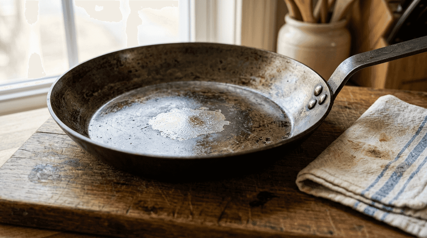 Close-up of seasoned carbon steel skillet surface