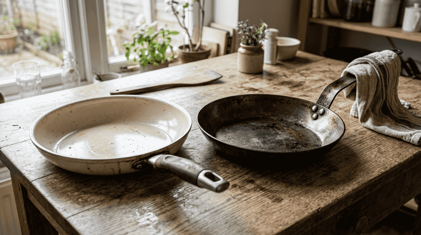 Ceramic and carbon steel pans side by side