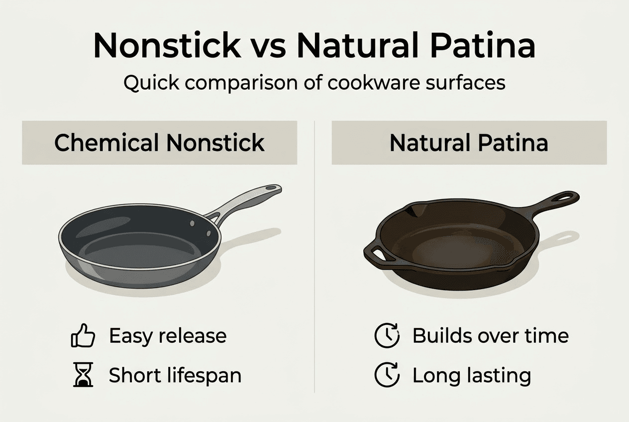 Infographic comparing nonstick and patina benefits