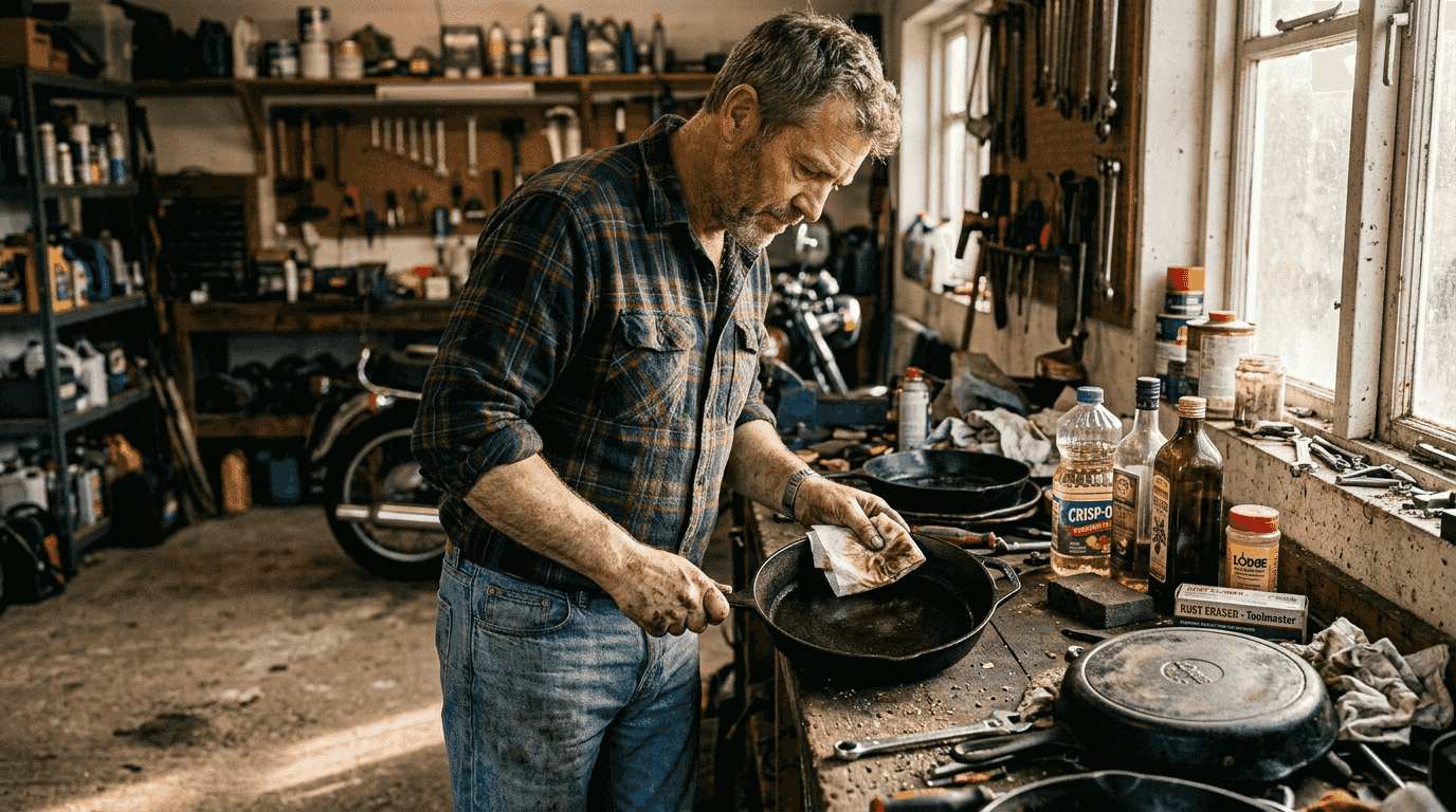 Man seasoning cast iron pan