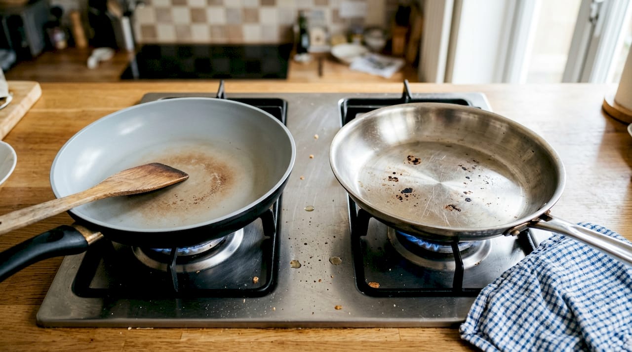 Comparison of ceramic and steel pan on hot stove