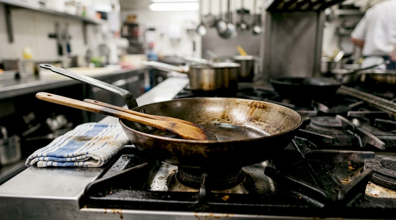 Forged carbon steel pan on stove close up