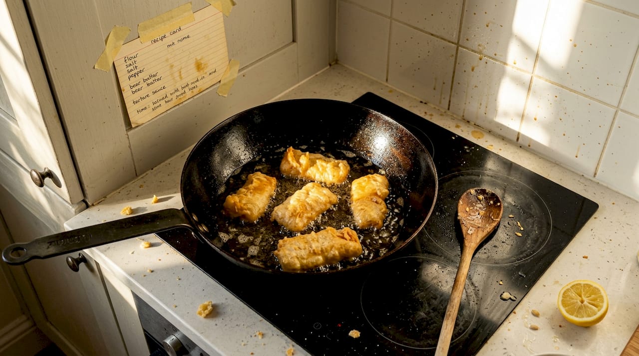 Deep pan with frying fish overhead