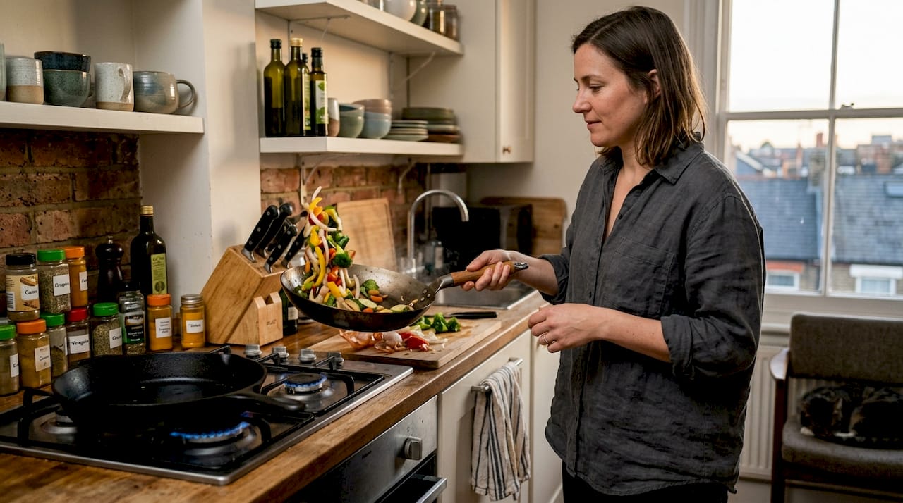 Cook flipping lightweight carbon steel pan