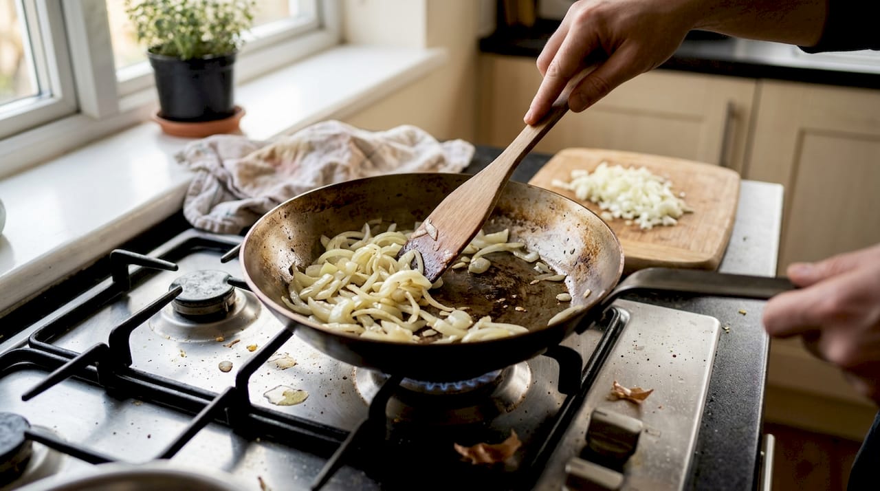 Patina in use cooking sautéed onions