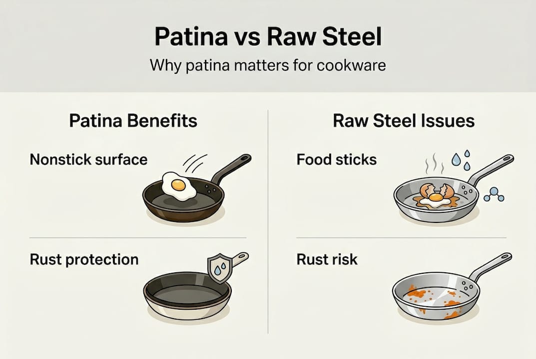Infographic comparing patina to raw steel