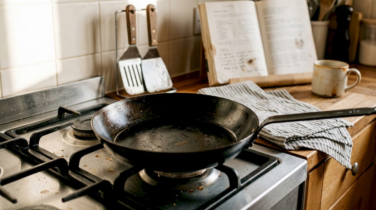 Detailed view of seasoned carbon steel pan