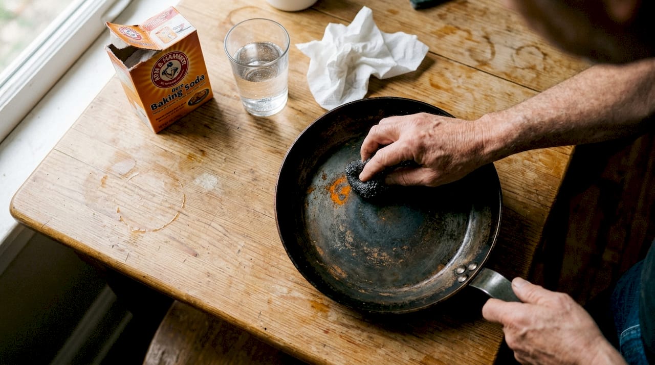 Hands scrubbing rust on skillet with steel wool
