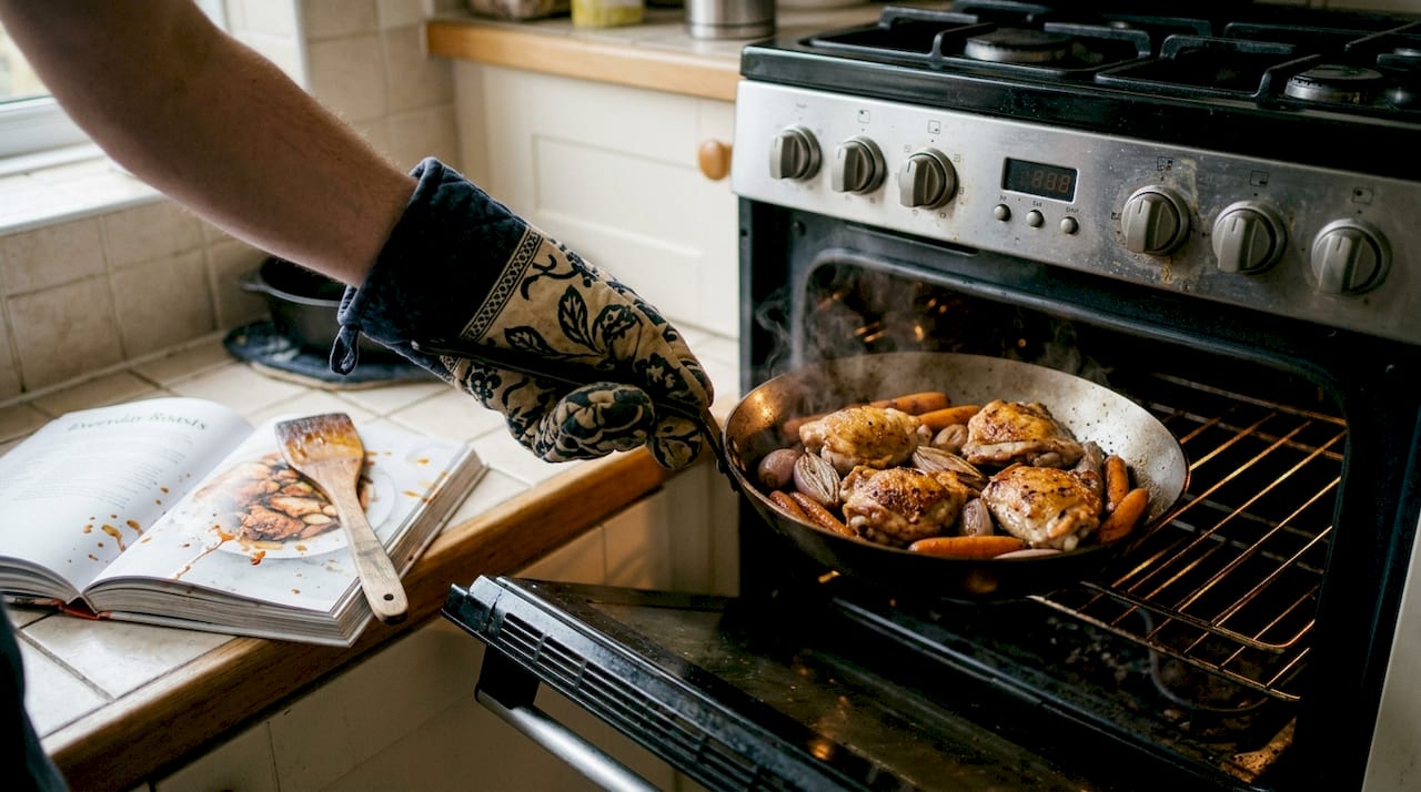 Transferring pan-roasted chicken from stove to oven