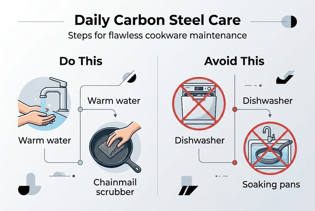 Infographic showing daily carbon steel pan care
