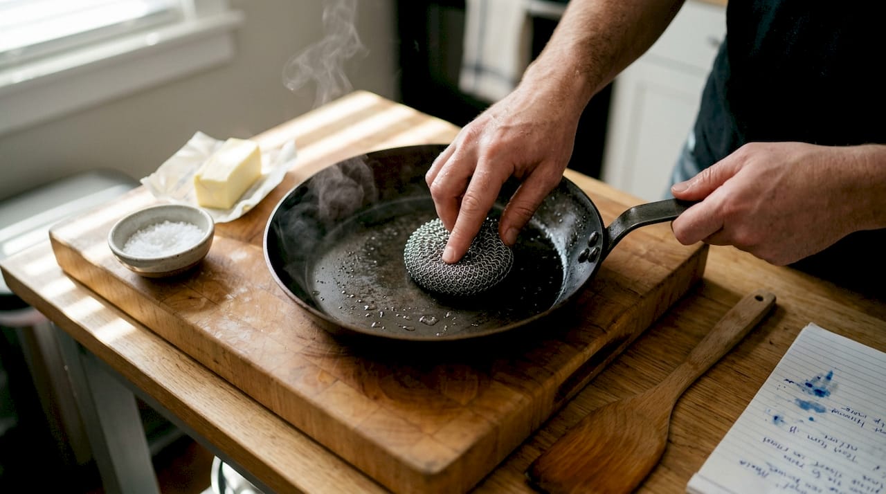 Hands cleaning warm carbon steel pan