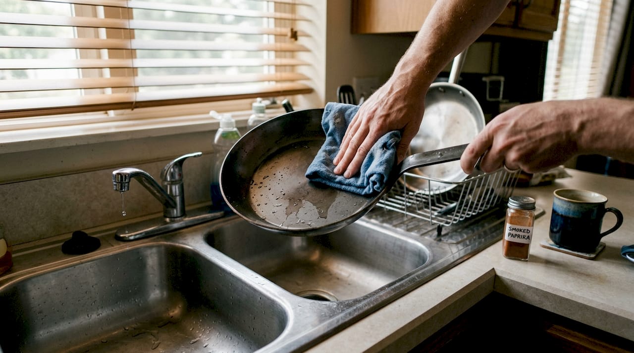 Drying washed carbon steel pan by sink