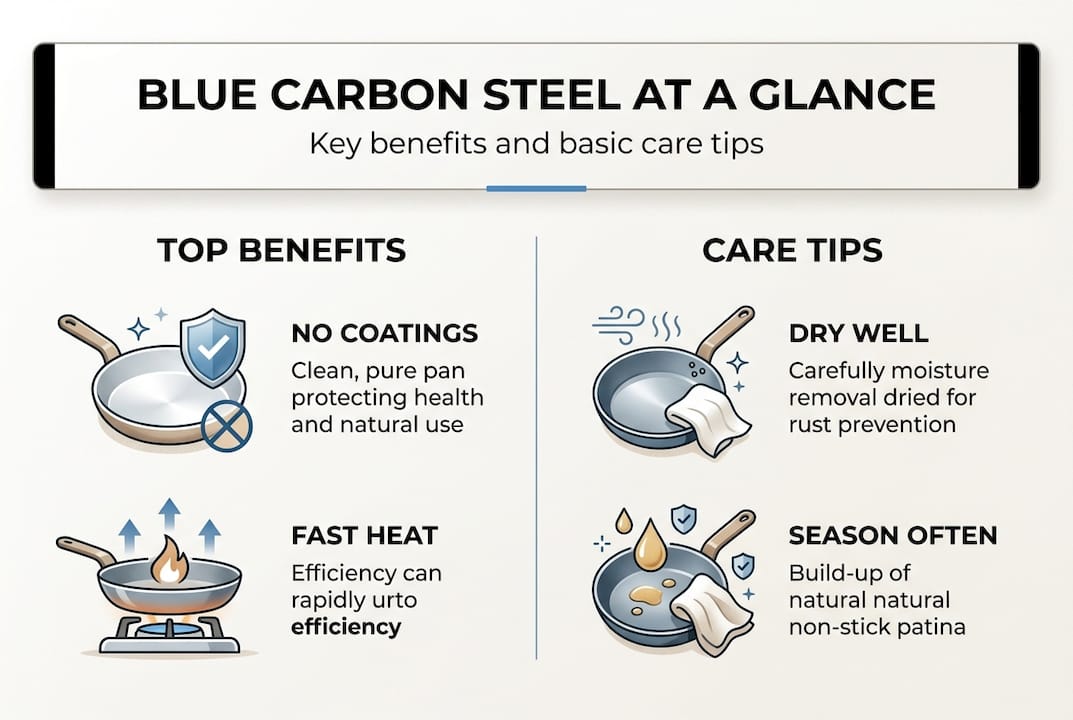 Infographic summarizing blue carbon steel pan benefits and care