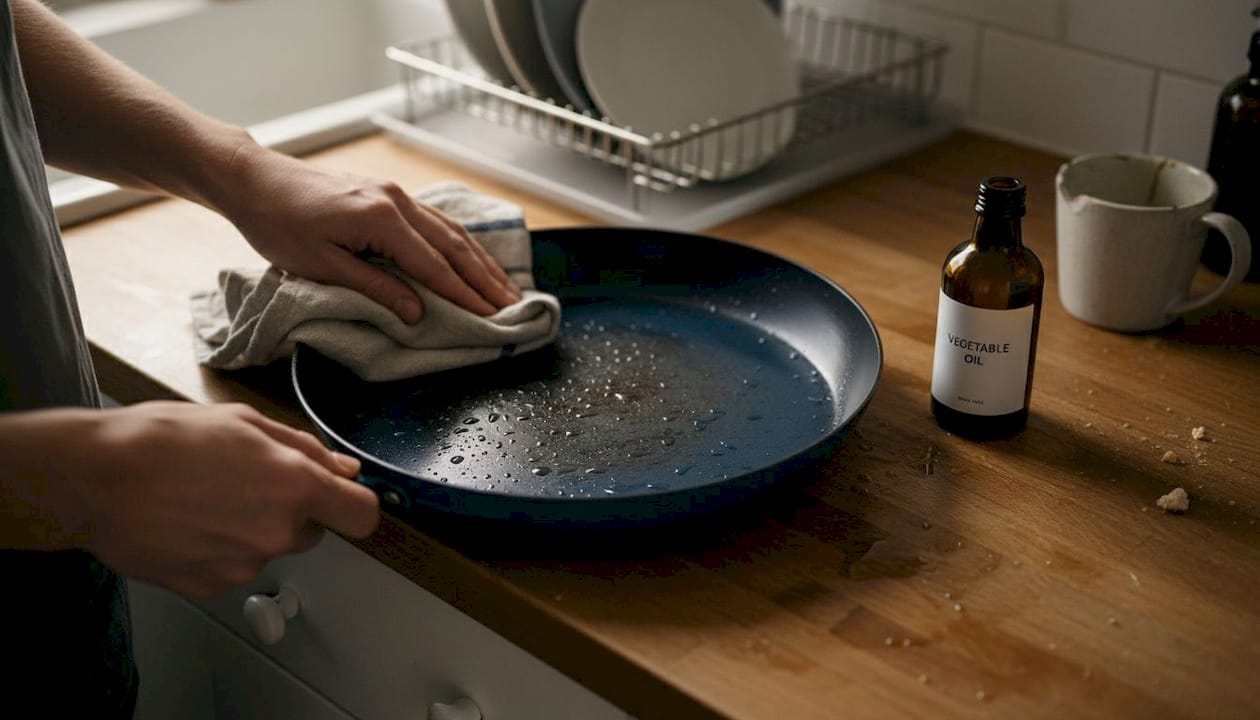 Hands drying blue carbon steel pan after washing