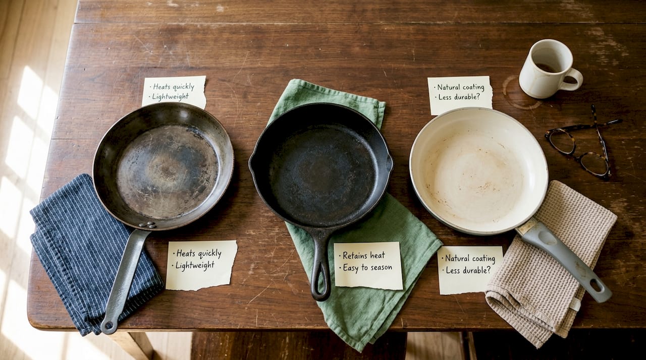 Three natural nonstick pans side by side