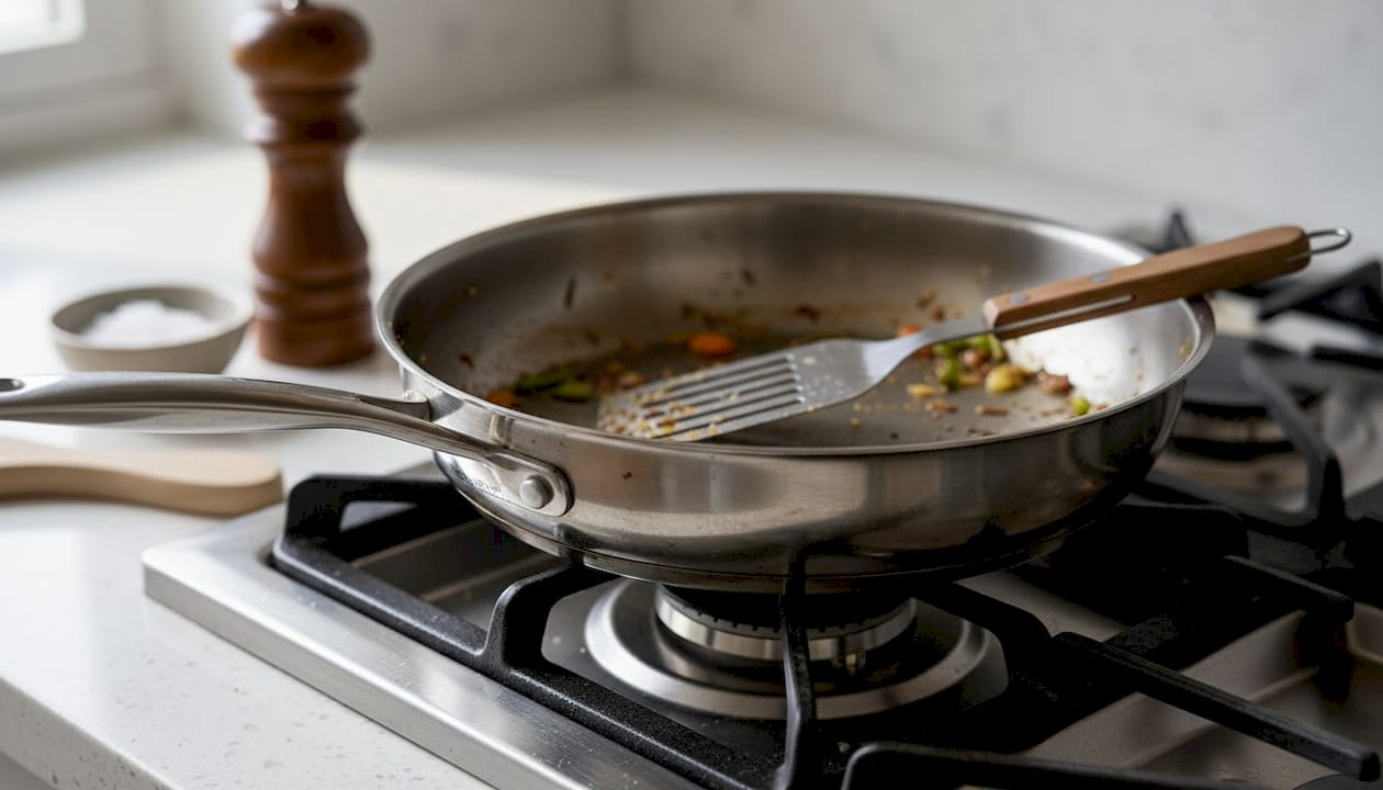 Multi-ply stainless steel pan with details visible