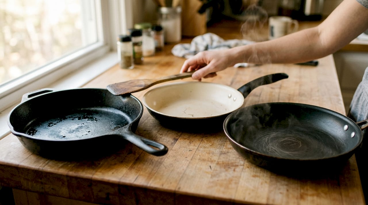 Three frying pans materials side by side