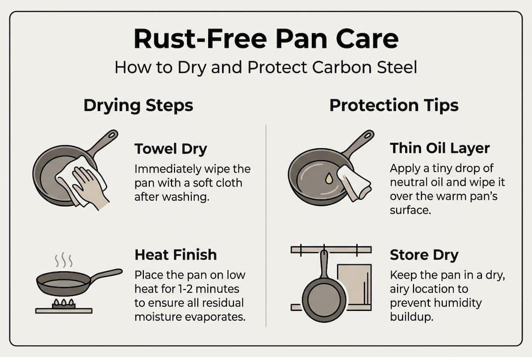Infographic showing drying and protection steps for pans
