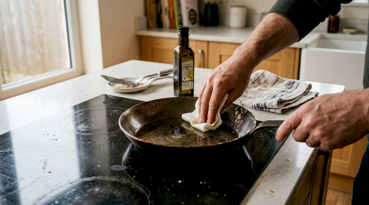 Oiling dry carbon steel pan on stovetop