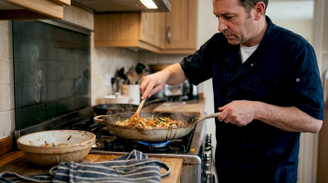 Chef browning vegetables in wide skillet