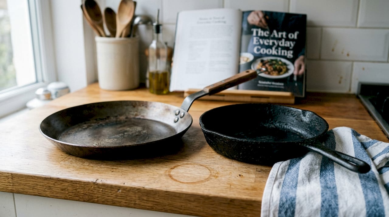 Carbon steel and cast iron pans compared