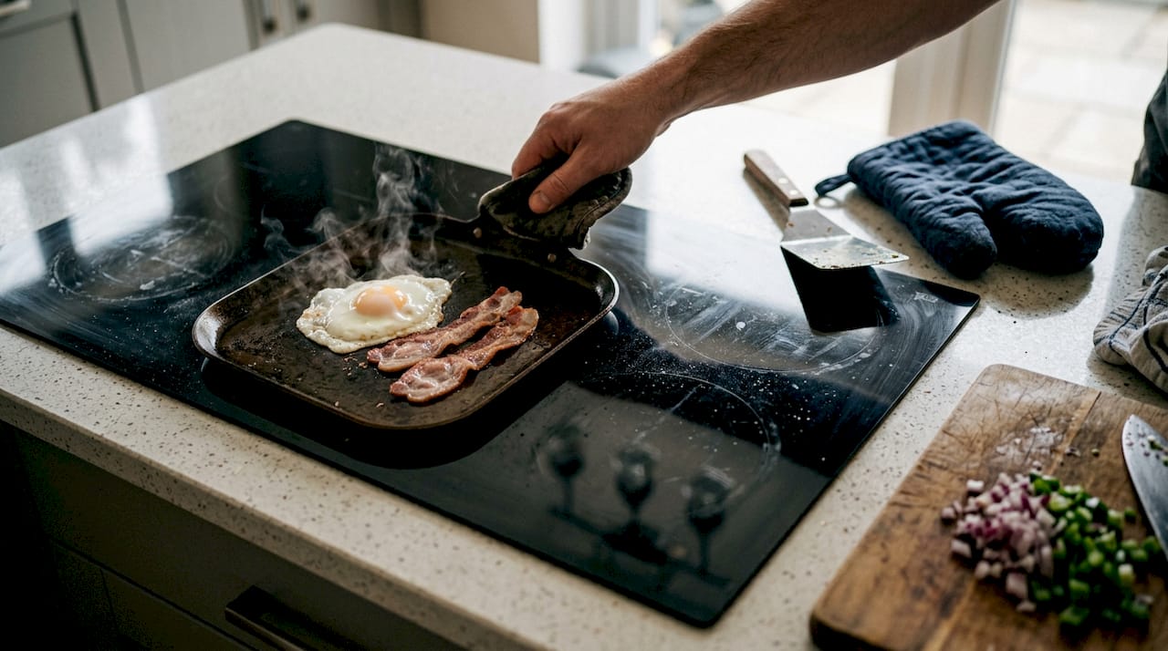 Cooking on carbon steel griddle induction cooktop