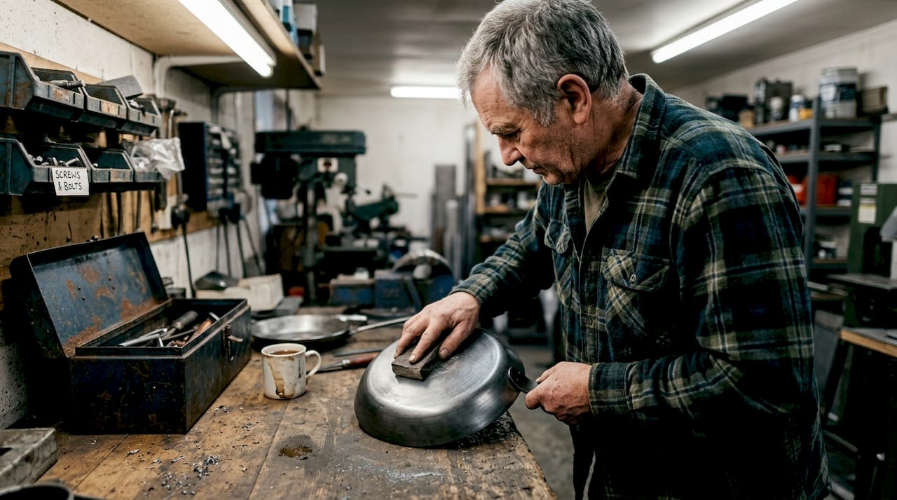 Craftsman making carbon steel pan in workshop