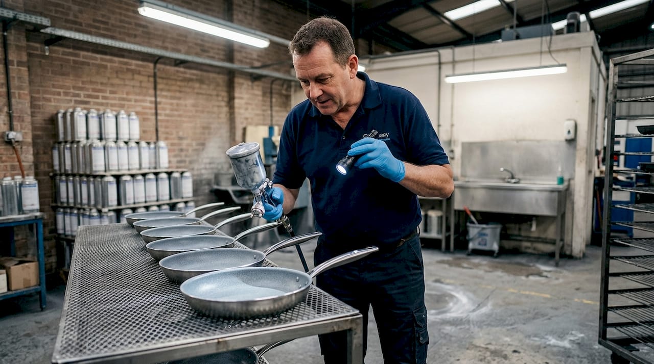 Technician spraying PTFE coating onto pans