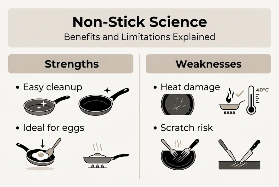 Infographic showing non-stick pros and cons