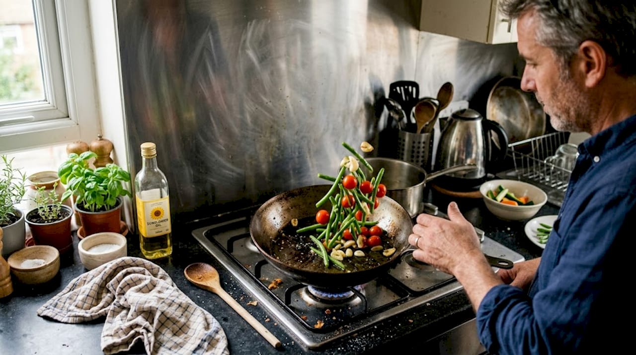 Tossing vegetables in sauté pan on stove