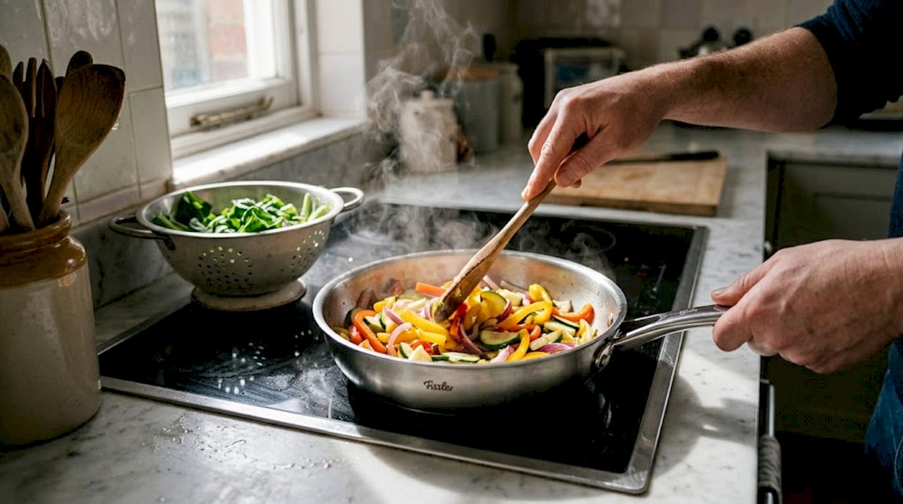 Hands sautéing in German stainless steel pan