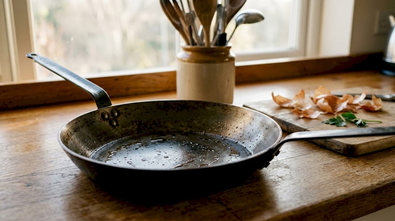 Well-seasoned carbon steel pan close-up