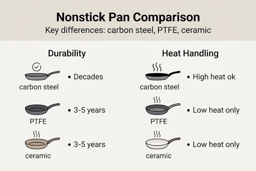 Infographic comparing pan durability and heat handling