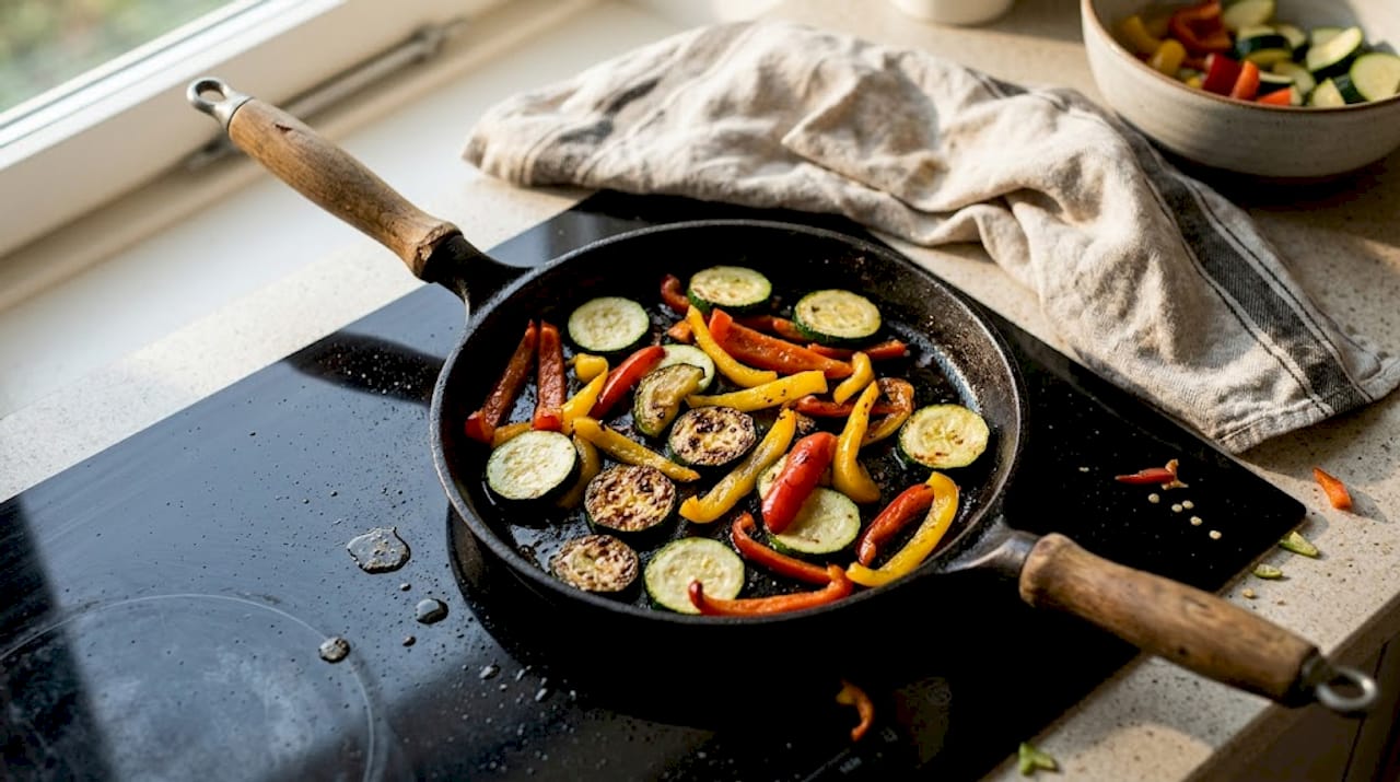 Cast iron skillet browning vegetables