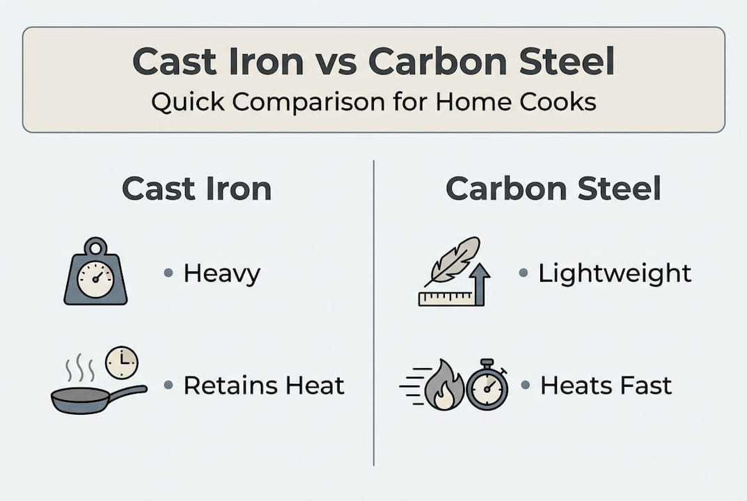 Infographic comparing cast iron and carbon steel pans