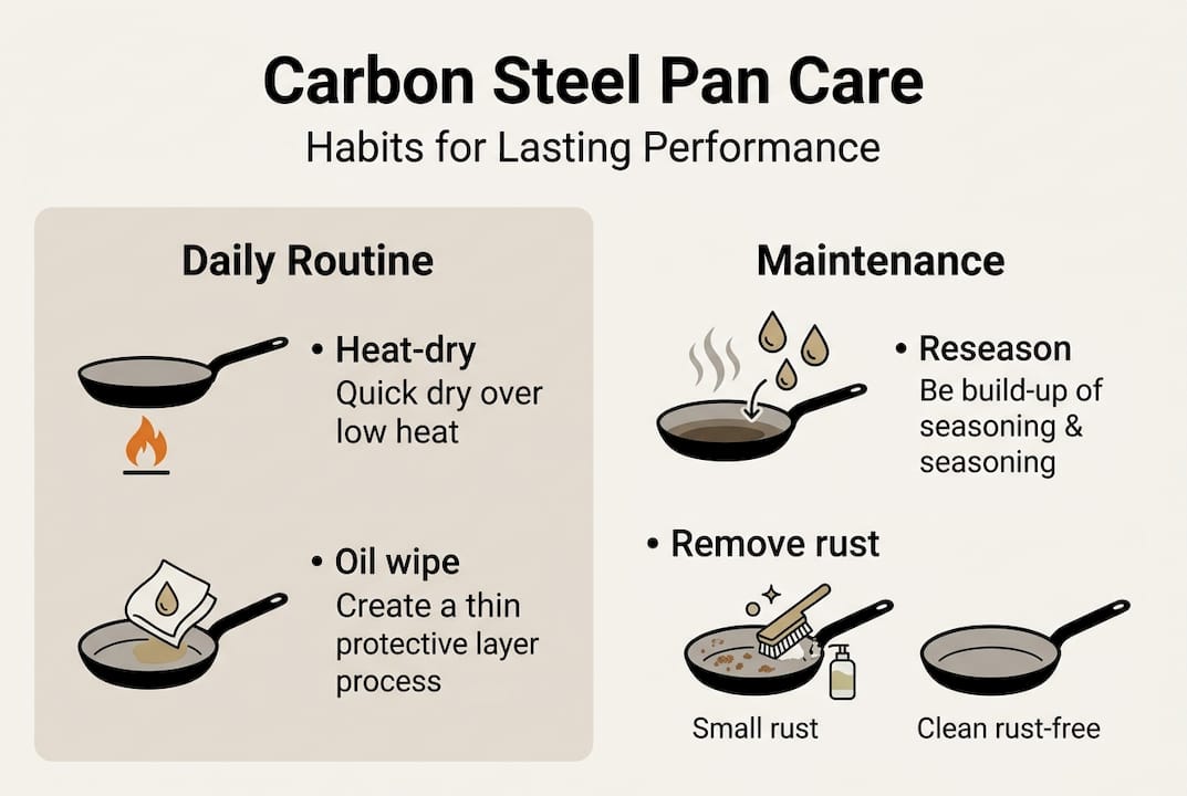 Infographic showing daily and maintenance care for carbon steel pans
