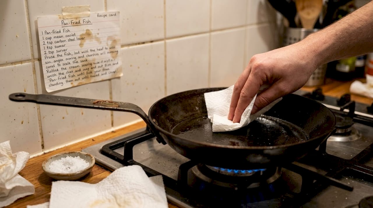 Hand oiling seasoned carbon steel pan