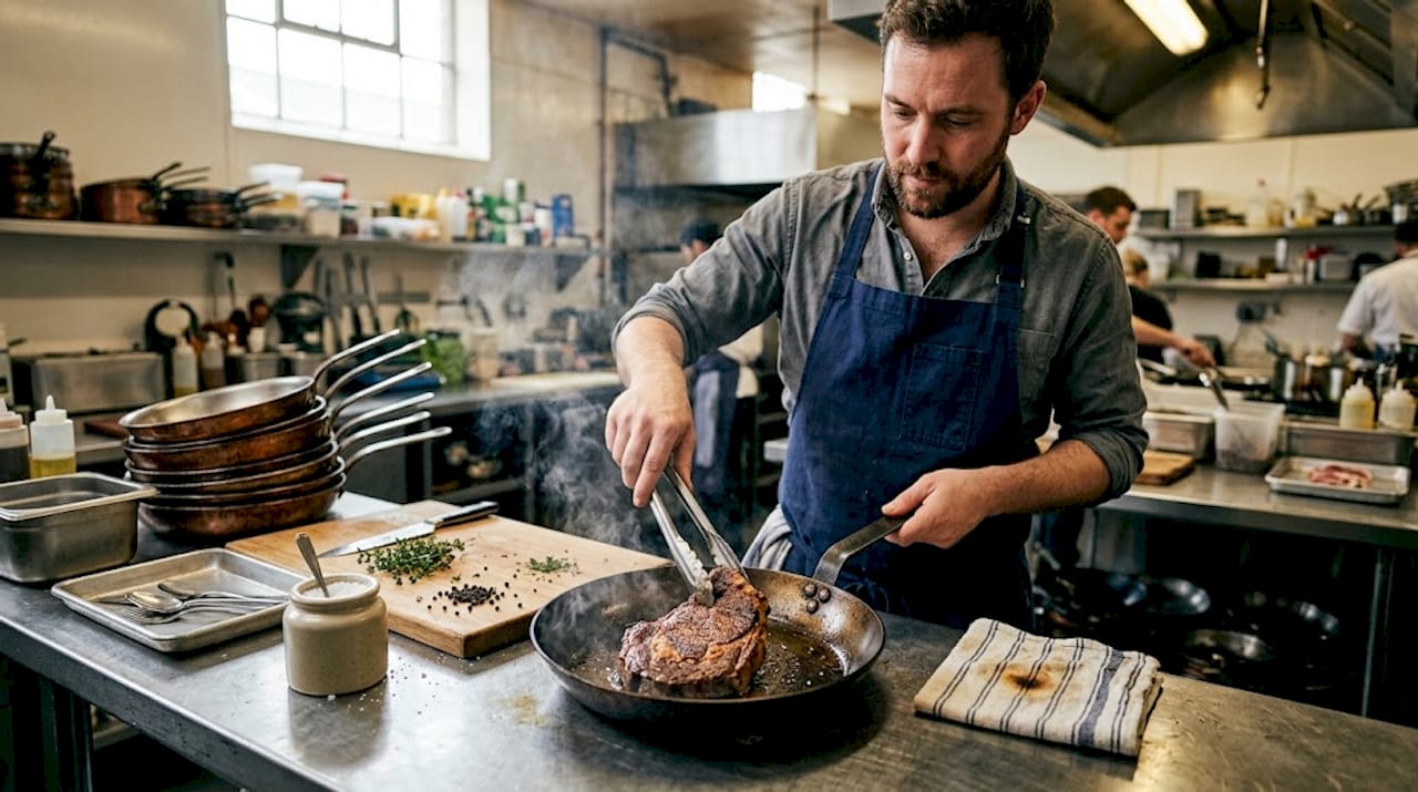 Chef searing steak in seasoned pan